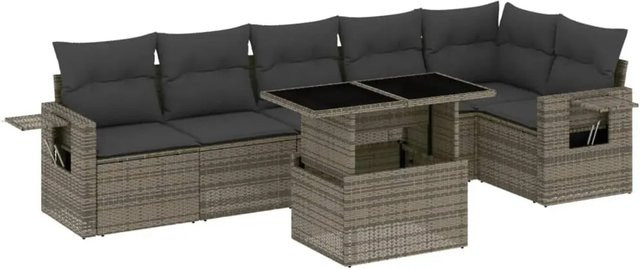 vidaXL 7-tlg Garten-Sofagarnitur in L-Form aus Polyrattan mit Kissen in Grau - Bild 1