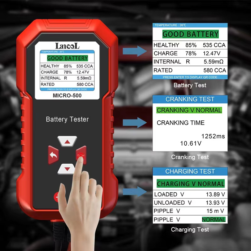 Lancol Micro 500 Autobatterietester für 12V und 24V, Batterieanalysator für Lithium- und Blei-Säure-Batterien mit 40-3000 CCA, Farbe: Rot - Bild 2