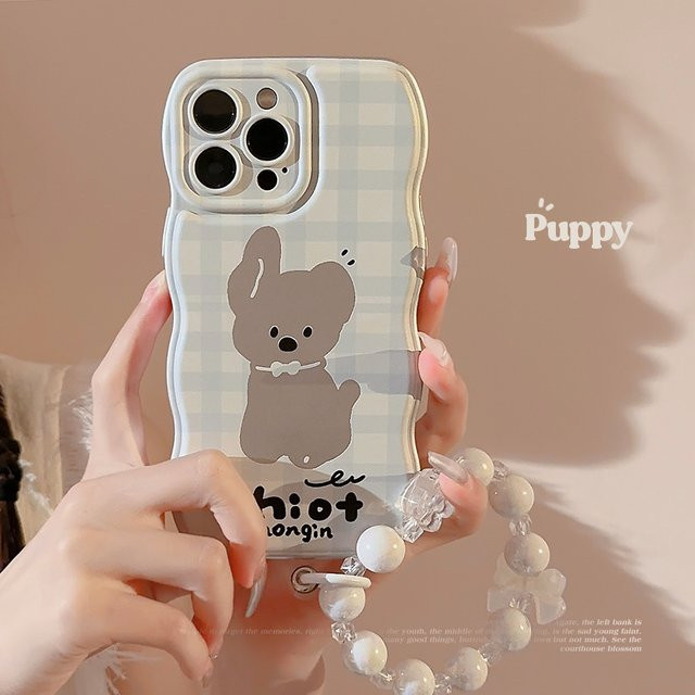 Stoßfeste Handyhülle mit Wellenkante und Armband im Koreanischen Karierten Cartoon-Welpen Design für Apple iPhone 17 16 15 14 13 12 11 Pro Max, Mehrfarbig - Bild 1