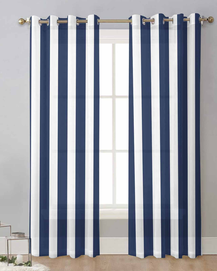Transparente marineblaue Vorhänge mit geometrischem Streifenmuster aus Tüll und Organza, Breite: 135 cm, Höhe: 137 cm - Bild 4