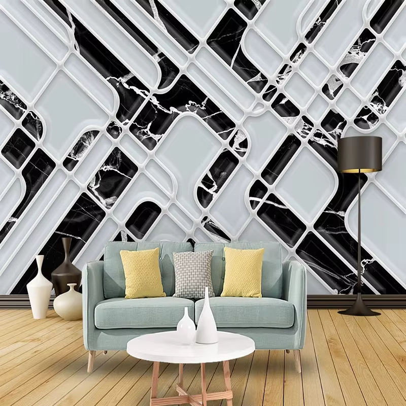 Moderne Fototapete von Jiadou in Schwarz mit Marmor- und Gitter-Design für dein Wohnzimmer - Bild 3
