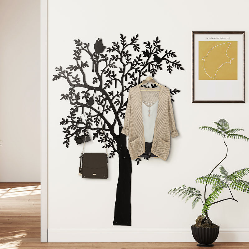 HOMCOM Wandgarderobe in Baum-Form mit 8 Haken und 4 Vögeln, Schwarz, B: 120 cm, H: 175 cm, B/T/H: 120 x 40 x 175 cm - Bild 2