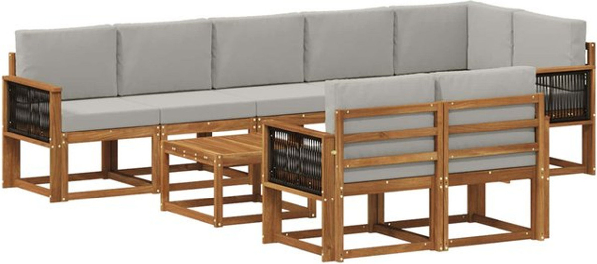 vidaXL Outdoor-Sofagarnitur aus Akazie und Polyester in Natur und Grau, 9-teiliges Loungemöbel-Set im modernen Design - Bild 1