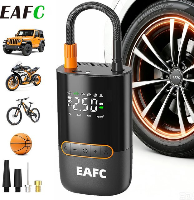 EAFC Digitaler Luftkompressor Schwarz: Tragbare Kabellose Luftpumpe als Reifenfüller für Motorräder, Fahrräder und Bälle mit Powerbank-Funktion und Notlicht - Bild 1