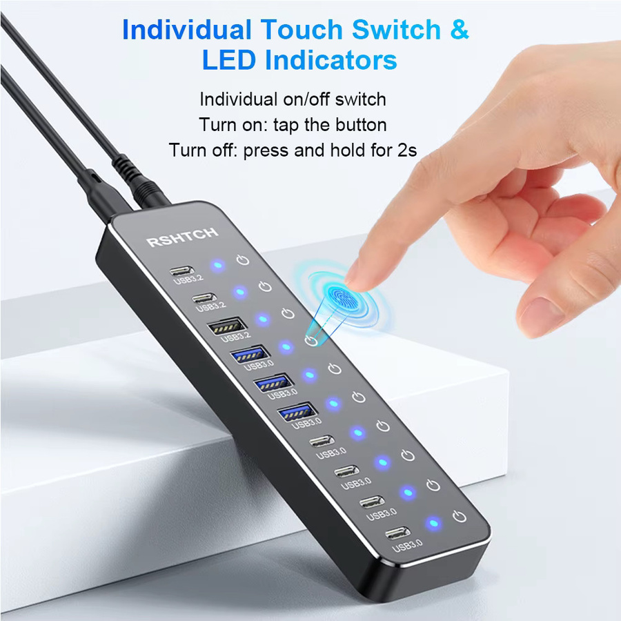 RSHTECH 10-in-1 USB-C Hub mit Touch-Schaltern, 10 Gbit/s Multiport-Dockingstation für MacBook, Laptop und PC, Grau - Bild 3