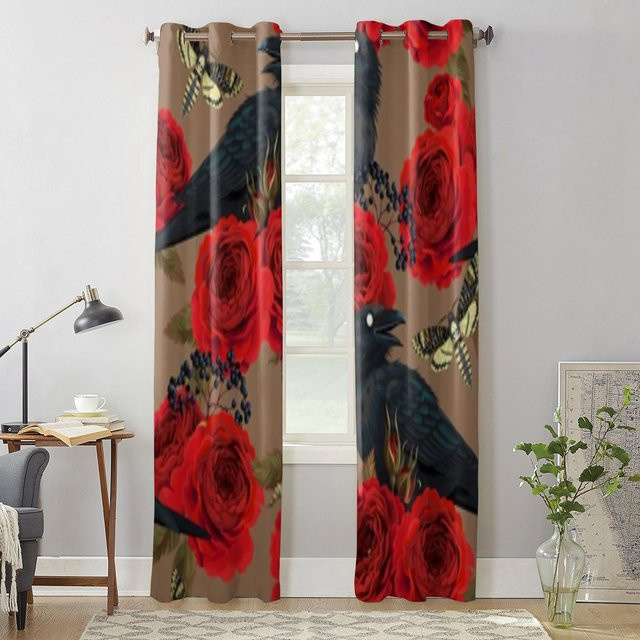 Super Six Vorhang mit Rabenfalter und Rosen Motiv in Schwarz und Multicolour, semi-transparent, Breite: 135 cm, Höhe: 60 cm - Bild 1