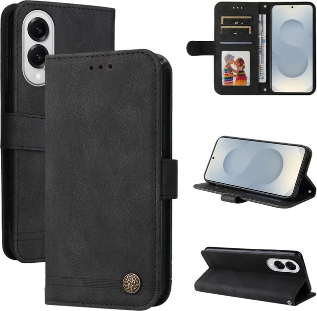 Premium Magnetic Flip Leder Wallet Case für Samsung S26 S25 S24 S23 S22 S21 S20 FE Pro Plus Ultra Edge mit 3D-Baum-Logo aus Metall in Schwarz - Bild 1