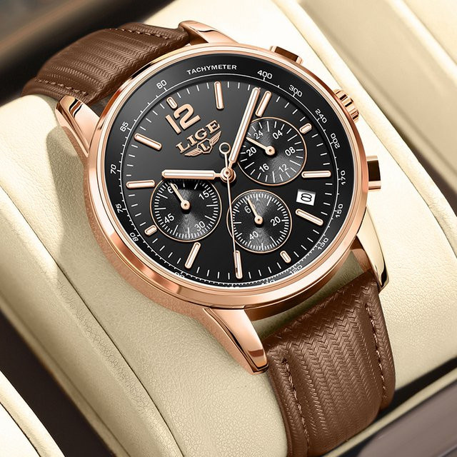 LIGE Chronograph Armbanduhr, Quarz, Leder, Roségold, Bicolor, Herren - Bild 1
