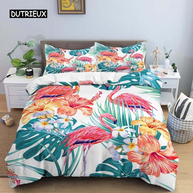 Bettwäscheset Binchi Outdoor Product mit Flamingo-Motiv und Palmblättern, Rosa und Grün, B/H: 135 x 200 cm - Bild 1