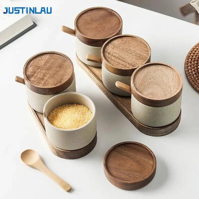 JUSTINLAU Gewürzdosen aus Keramik mit Bambusdeckel und Löffel, Ölglas und Salz-Zuckerflasche, Beige - Bild 1