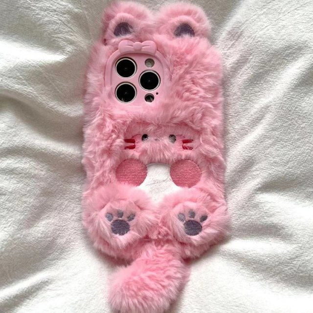 Niedliche Plüsch Katze Handyhülle für iPhone 15 14 13 12 11 Pro Max Mini XR SE in Rosa - Bild 1