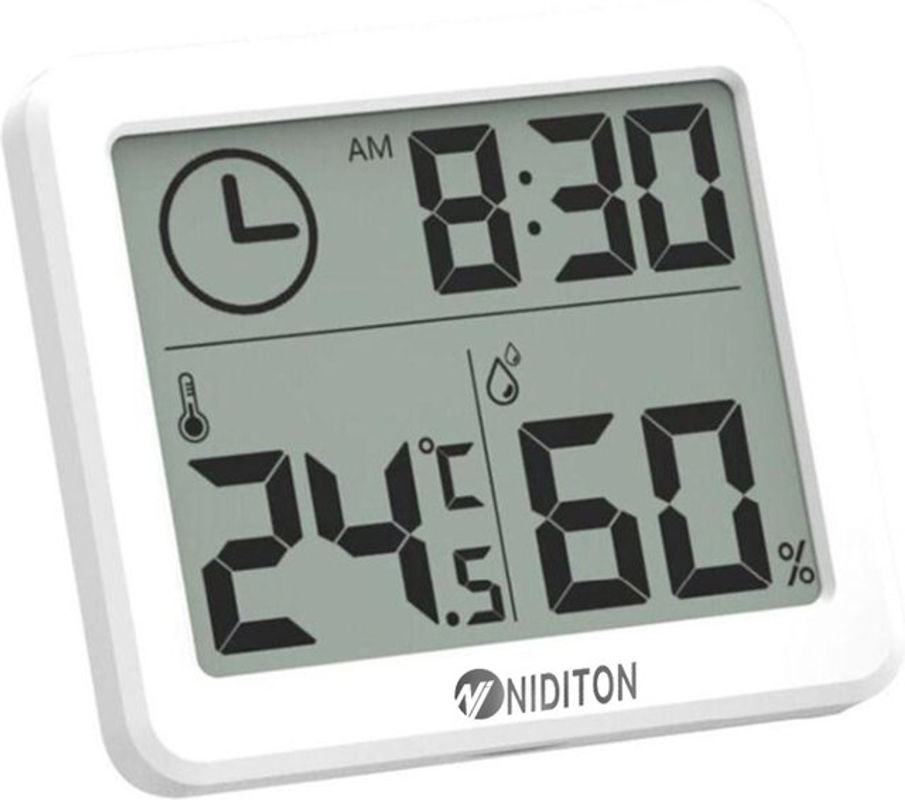 Niditon Digitale Schreibtisch- und Wanduhr mit Thermometer und Hygrometer in Weiß - Bild 1