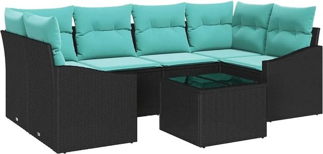 vidaXL 7-teiliges Gartenmöbel Set aus Poly Rattan und Stahl in Schwarz und Türkis mit Kissen und Tisch - Bild 1