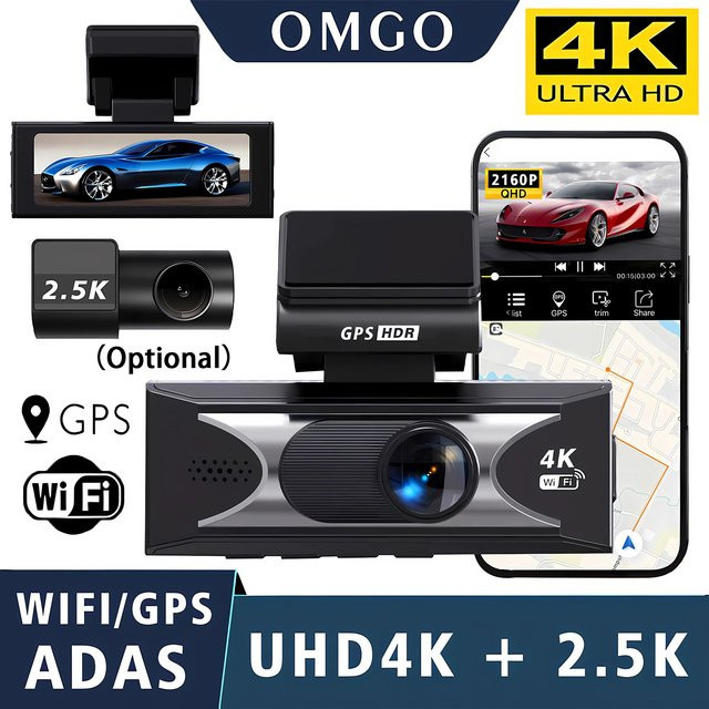 OMGO Dual Lens Dash Cam mit 4K UHD und 2,5K Auflösung, integriertes WiFi und GPS, HDR Nachtsicht und 24H Parkplatz Monitor, Schwarz - Bild 1
