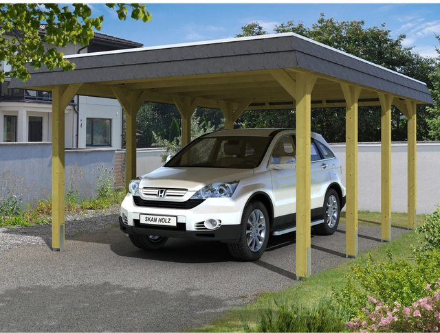 Skan Holz Carport Spessart aus Nadelholz in Grün mit flacher Dachform, B/T: 396 x 589 cm, Höhe: 244 cm - Bild 1