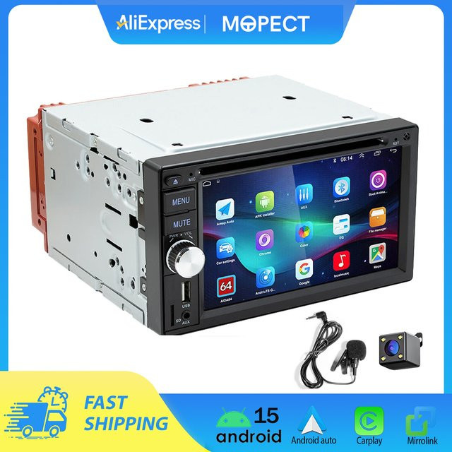 MOPECT Doppel-DIN Autoradio mit 6,2 Zoll Display, Kabelloses Carplay und Android Auto, CD-DVD-Player, Bluetooth, USB, AUX, FM und Mirror Link in Schwarz - Bild 1