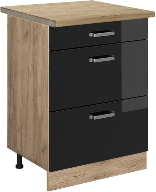 Vicco Küchenunterschrank R-Line in Schwarz Hochglanz und Goldkraft Eiche mit Schubladen, B: 60 cm, H: 81,6 cm, T: 60 cm - Bild 1