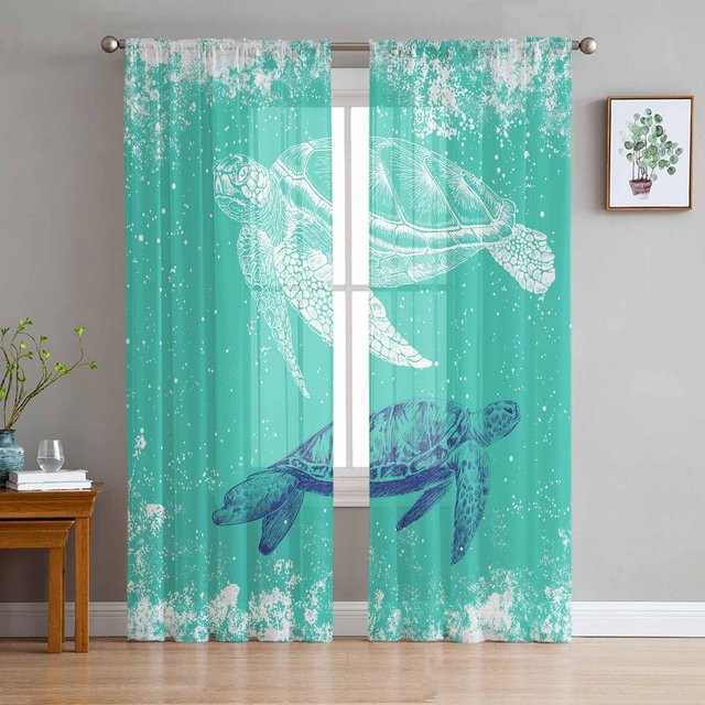 Binchi Outdoor Equipment Transparente Tüll-Vorhänge mit Schildkröten- und Schneeflocken-Motiv, Blau/Grün, B: 135 cm, H: 114 cm - Bild 1