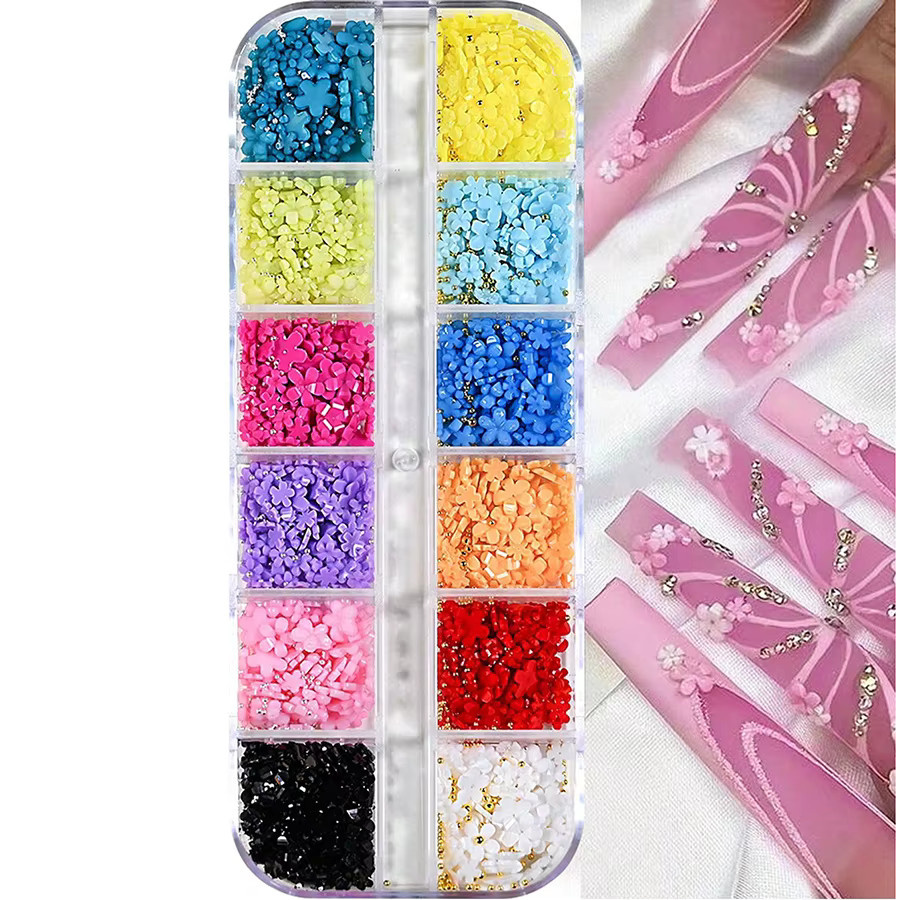 FUMOSIK Nagelcharms, 3D-Blumen, Gold-Silber-Kaviarperlen, Strass-Blüten, Glänzend - Bild 2