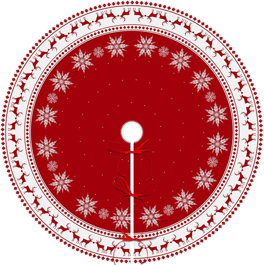 VIKAMA Weihnachtsbaummatte mit Schneeflocken und Rentier Design in Rot, runde Textil-Deko für Weihnachten und Neujahr - Bild 3