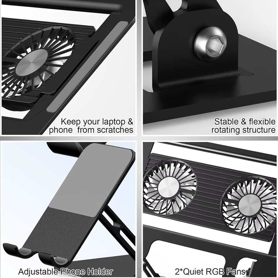 Zusammenklappbare 2-in-1 Laptop und Smartphone Halterung aus Kohlenstoffstahl in Schwarz zur ergonomischen Wärmeableitung - Bild 3