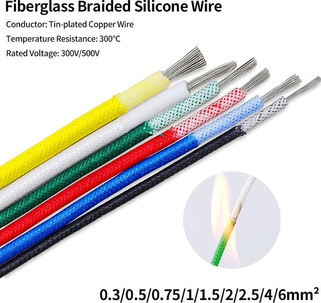 Hochtemperaturbeständiger Silikondraht aus Fiberglas mit isoliertem Kupferkabel, weich und geflochten, bis 300 °C, in Weiß oder Mehrfarbig - Bild 1