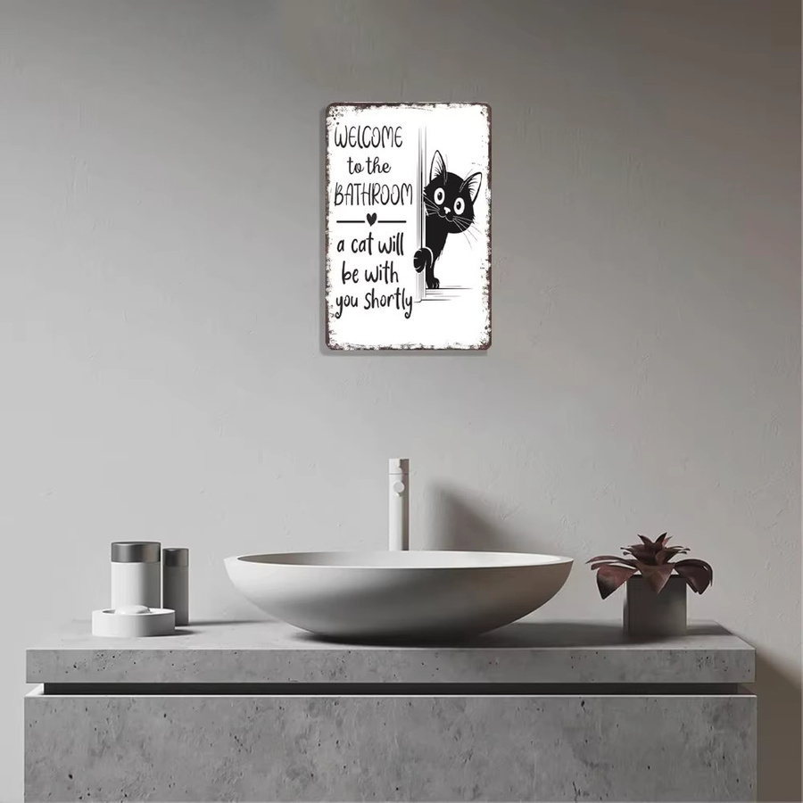 CIFBUY Welcome To The Bathroom Lustiges Katzen-Metallschild in Schwarz und Weiß, B/H: 30,5 x 20,3 cm, Vintage-Retro Badezimmerdekoration - Bild 5
