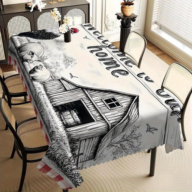 JMG Household Supplies Tischdecke mit Vintage Bauernhoftier-Skizze, Schwarz-Weiß mit rot kariertem Rand, wasserabweisend, B/T: 140 x 140 cm - Bild 1