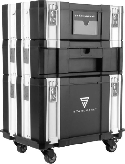 STAHLWERK Mobiles Toolbox Set in Schwarz mit 3 Werkzeugkoffern, Rollbrett und Lenkrollen - Bild 1