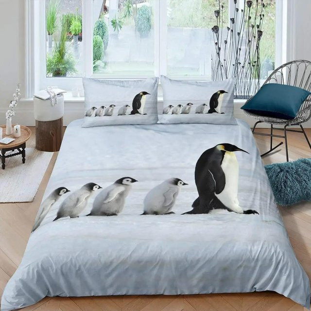 Pinguin Bettwäsche Set für Kinder mit Deckenbezug und Kissenbezügen in Blau, Cartoon Stil Antarktische Tiere, B/H: 70 x 133 cm - Bild 1