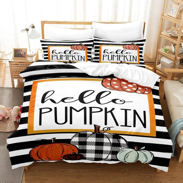 3-teiliges Halloween-Bettwäsche-Set von Lodestar mit Cartoon-Kürbismuster in Schwarz, bestehend aus Bettbezug und Kissenbezügen für Kinder, B/H: 172 x 218 cm - Bild 1