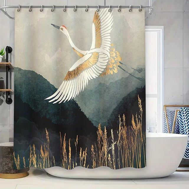 Japanischer Kranich Duschvorhang mit Naturmotiv im Zen-Stil von JMG Household Supplies, Mehrfarbig, B: 90 cm, H: 180 cm - Bild 1