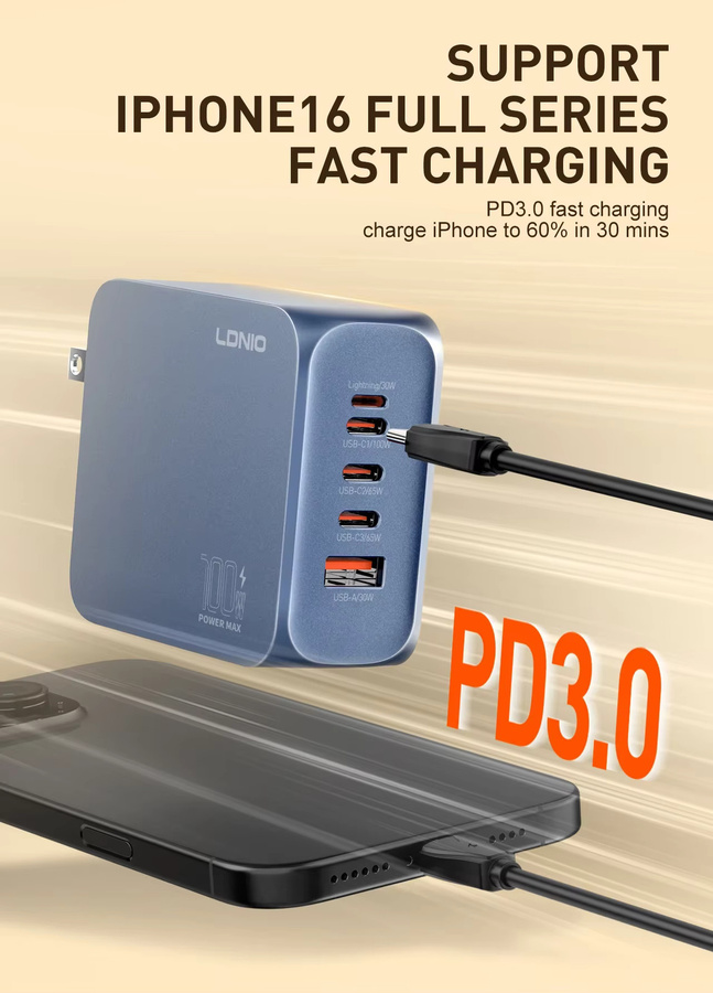 LDNIO Gan 100 W Schnellladegerät mit USB-C Multi-Port Schnellladestation in Blau für MacBook, iPhone und Xiaomi - Bild 4