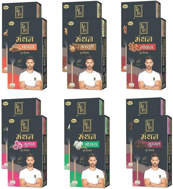 Zed Black Manthan Dhoop Sticks 24er Pack – Bambus Räucherstäbchen mit 6 floralen Düften in Grau und Multicolour - Bild 1