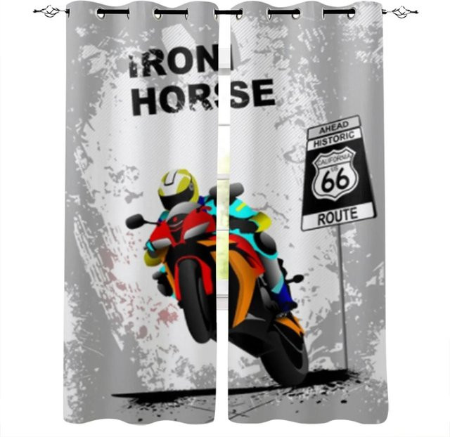 Retro New York Motorrad Fenstervorhang aus Polyester, 2 Paneele, halbtransparent, Mehrfarbig, Breite: 100 cm, Höhe: 130 cm - Bild 1