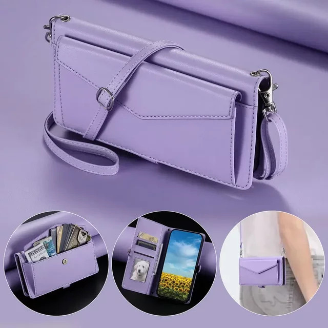 Leder Umhängetasche Wallet Cover für Samsung Galaxy S25 Ultra S24 S23 FE Plus A16 A26 A36 A56 A15 A25 A35 A55 A14 A24 A34 A54 in Pink - Bild 1
