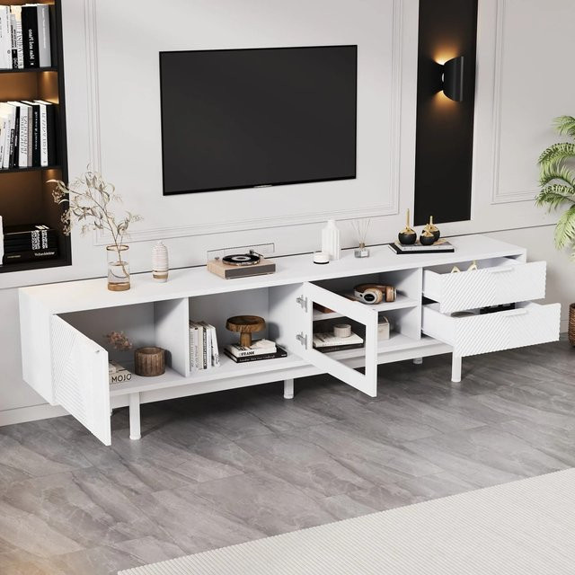 Merax TV Lowboard Weiß mit 2 Türen und 2 Schubladen für bis zu 80 Zoll TV, B/T/H: 200 x 40 x 50 cm - Bild 1