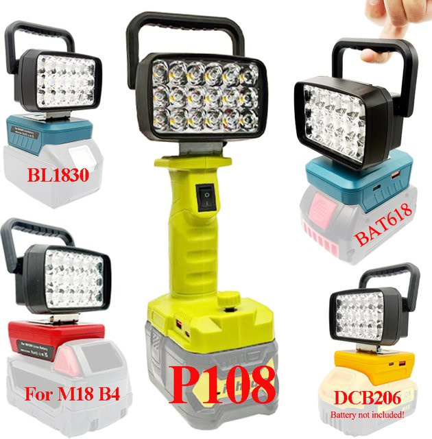 Dawupine USB Power Bank Arbeitslampe als LED-Flutlicht für Makita, Milwaukee, Dewalt und Bosch M18 Akkus, Schwarz - Bild 1