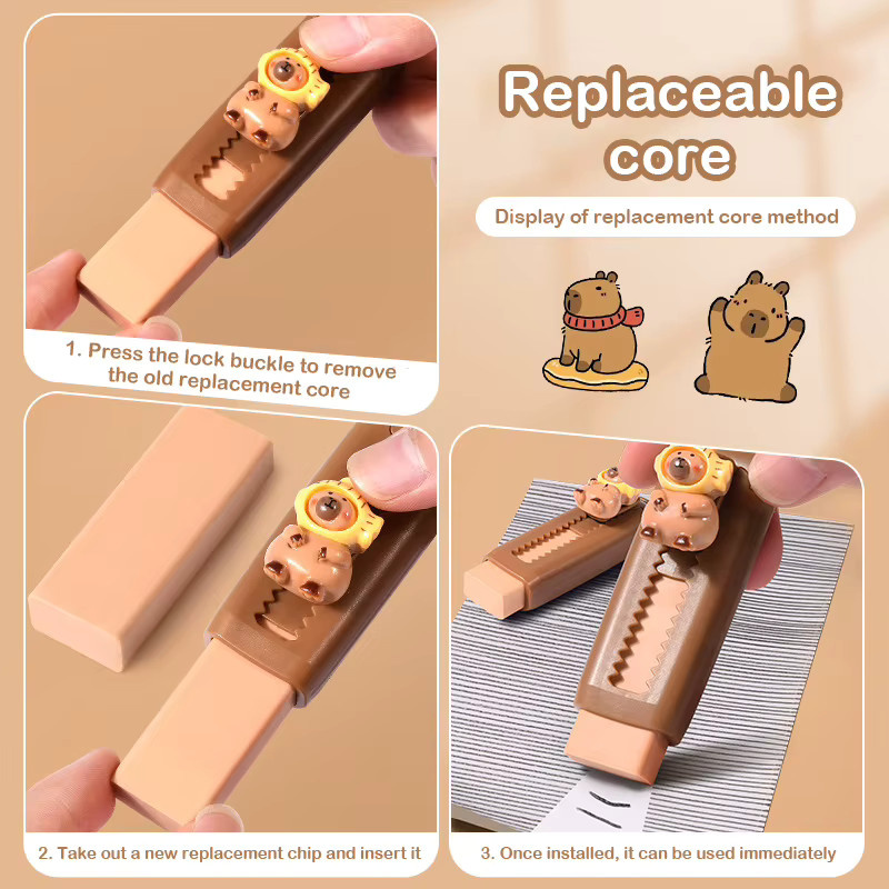 Einziehbarer Capybara-Radiergummi im Cartoon-Design in Braun für Schule und Büro - Bild 2