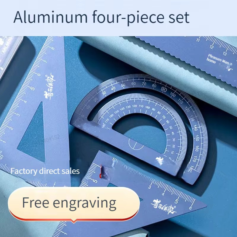 Multifunktionales 4-in-1-Lineal aus Aluminiumlegierung von Kissbuty als Schreibwaren-Set mit Winkelmesser zum Zeichnen in Gold oder Blau - Bild 2