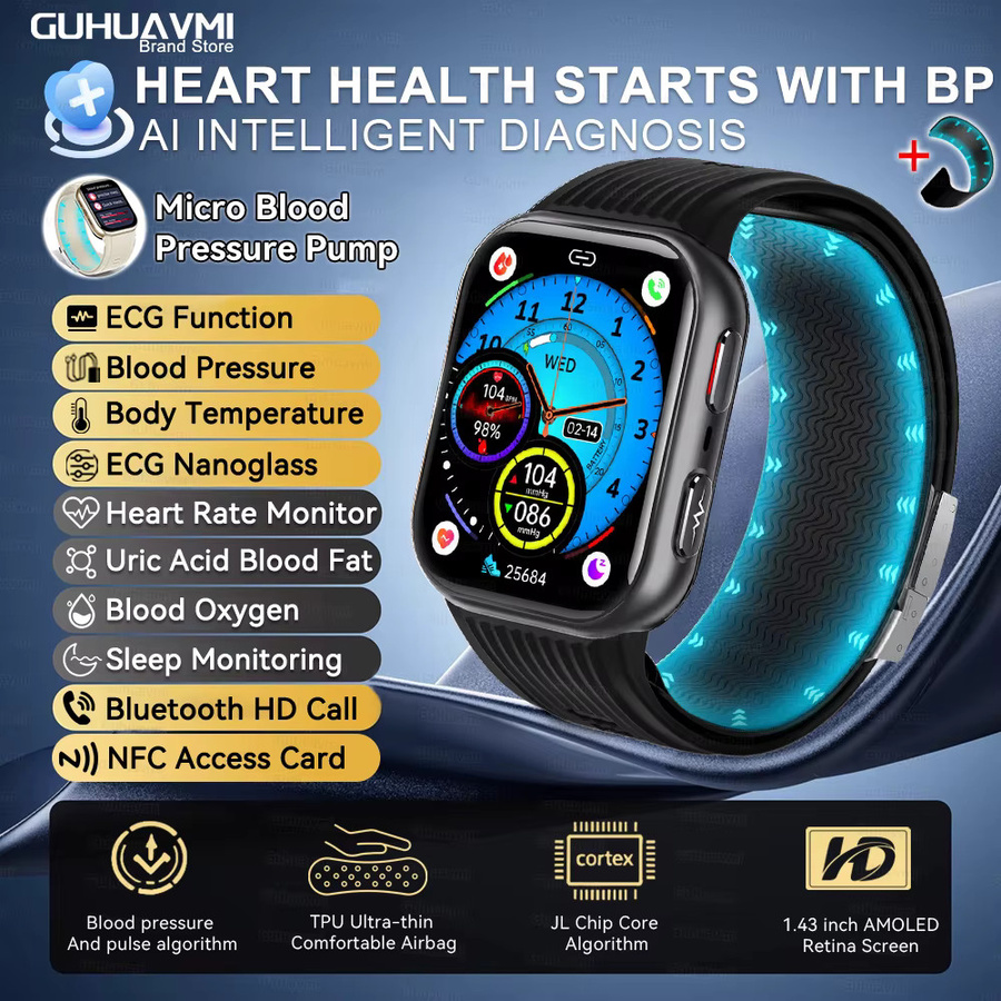 GUHUAVMI Smartwatch mit EKG-Funktion und Airbag-Technologie zur Blutdruckmessung in Schwarz - Bild 6