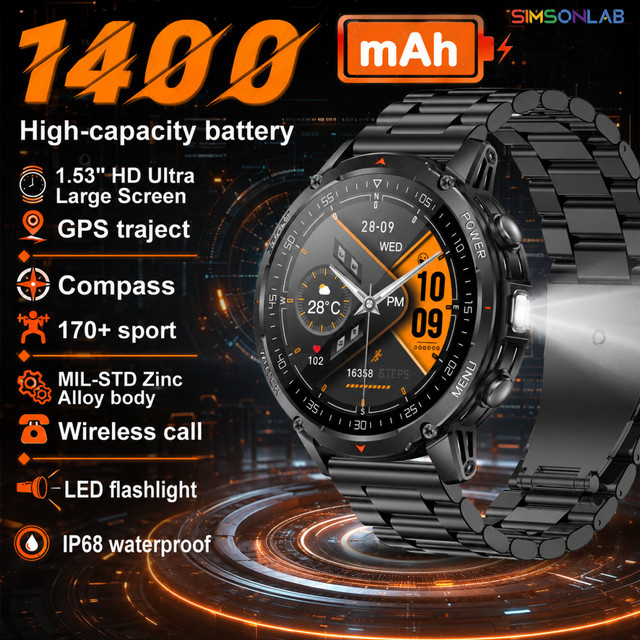 SIMSONLAB Militär-GPS-Smartwatch für Herren mit 1,53 Zoll AMOLED-Bildschirm, 10ATM Wasserdicht, SOS-Anruf und Taschenlampe, Schwarz - Bild 1