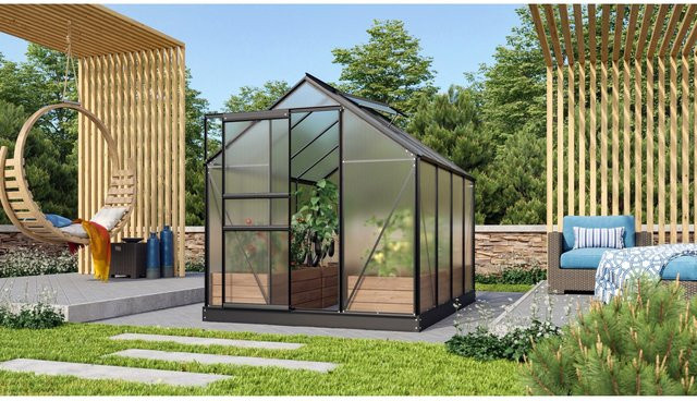 Vitavia Gewächshaus Venus 5000 Schwarz mit Fundament und Regenrinnen aus Aluminium und Polycarbonat für die Pflanzenzucht im Garten - Bild 1