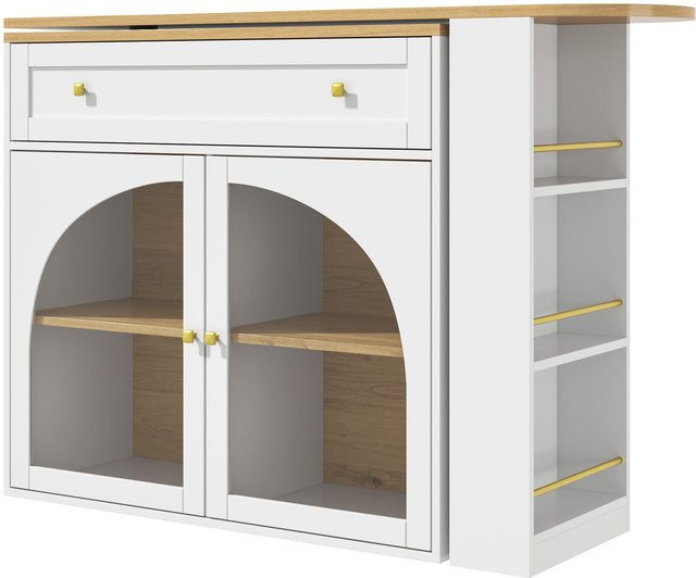 Ausziehbarer Bartisch in Weiß mit 360 Grad drehbarer Essplatte, dreistufigem Seitenregal und Sicherheitsglas-Türen, B: 138-204 cm, T: 39 cm, H: 104 cm - Bild 1