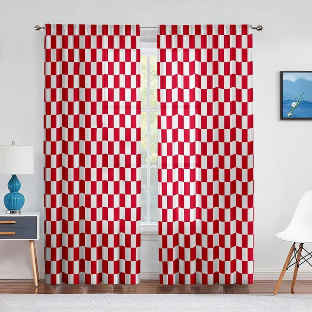 Super Six Transparenter Chiffon-Fenstervorhang mit Karo-Muster in Rot-Weiß, Breite: 100 cm, Höhe: 250 cm - Bild 1