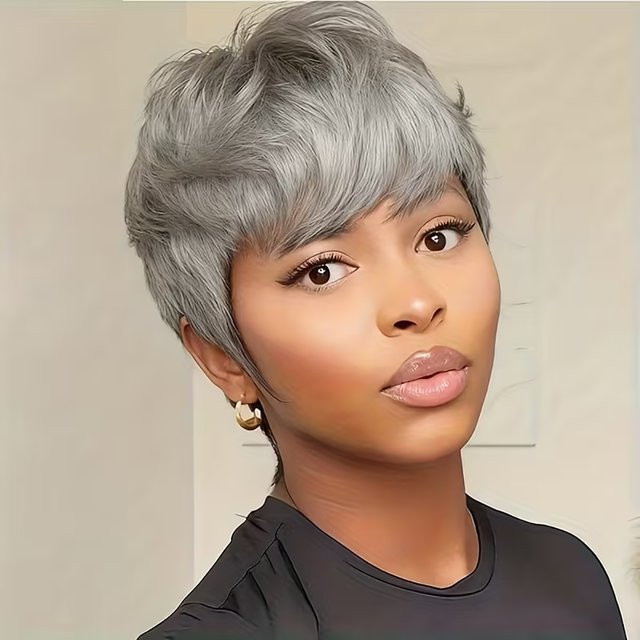 OYM HAIR Pixie-Schnitt-Perücke, silbergrau, 100 % Echthaar mit Pony, Damen - Bild 1