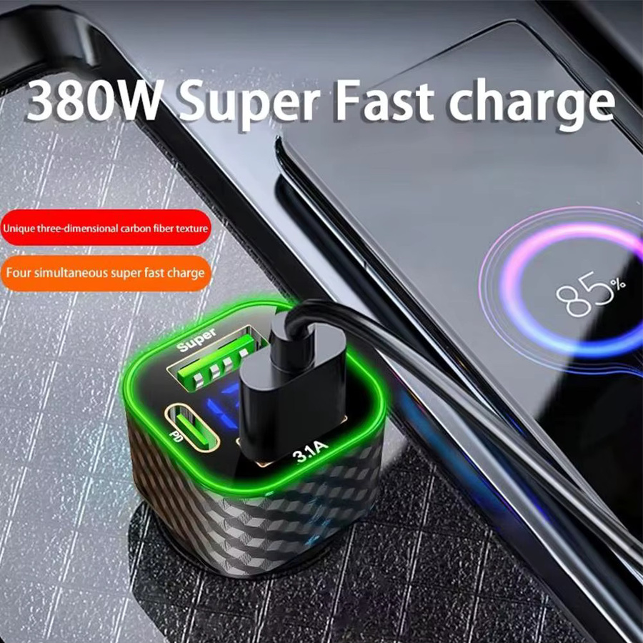 380W USB-C Autotelefon-Ladegerät mit Dual PD und Spannungsanzeige in Schwarz für iPhone und Oppo - Bild 5