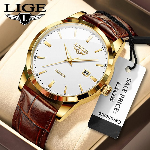 LIGE Armbanduhr, Quarz, Leder, Gold, Bicolor, Herren - Bild 1