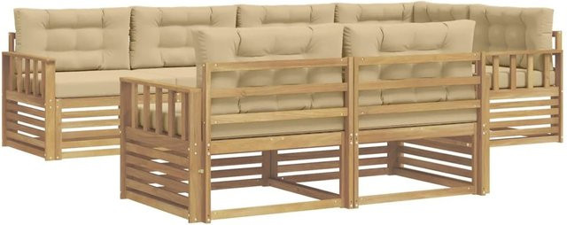vidaXL Outdoor-Sofagarnitur 7-teilig aus Akazienholz mit Kissen in Weiß und Beige - Bild 1