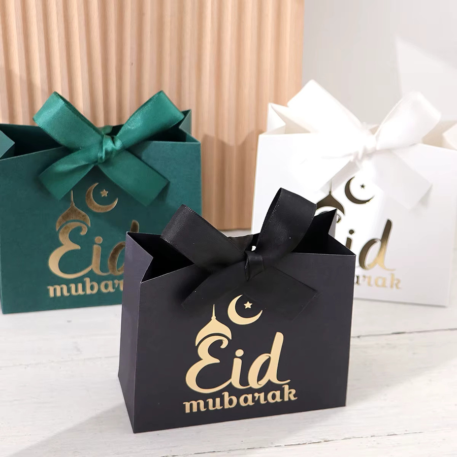 5 exquisite Eid Mubarak Geschenkboxen aus Papier in Schwarz, Weiß und Grün mit Goldbeschriftung und Bändern zur Aufbewahrung von Süßigkeiten und Pralinen - Bild 4